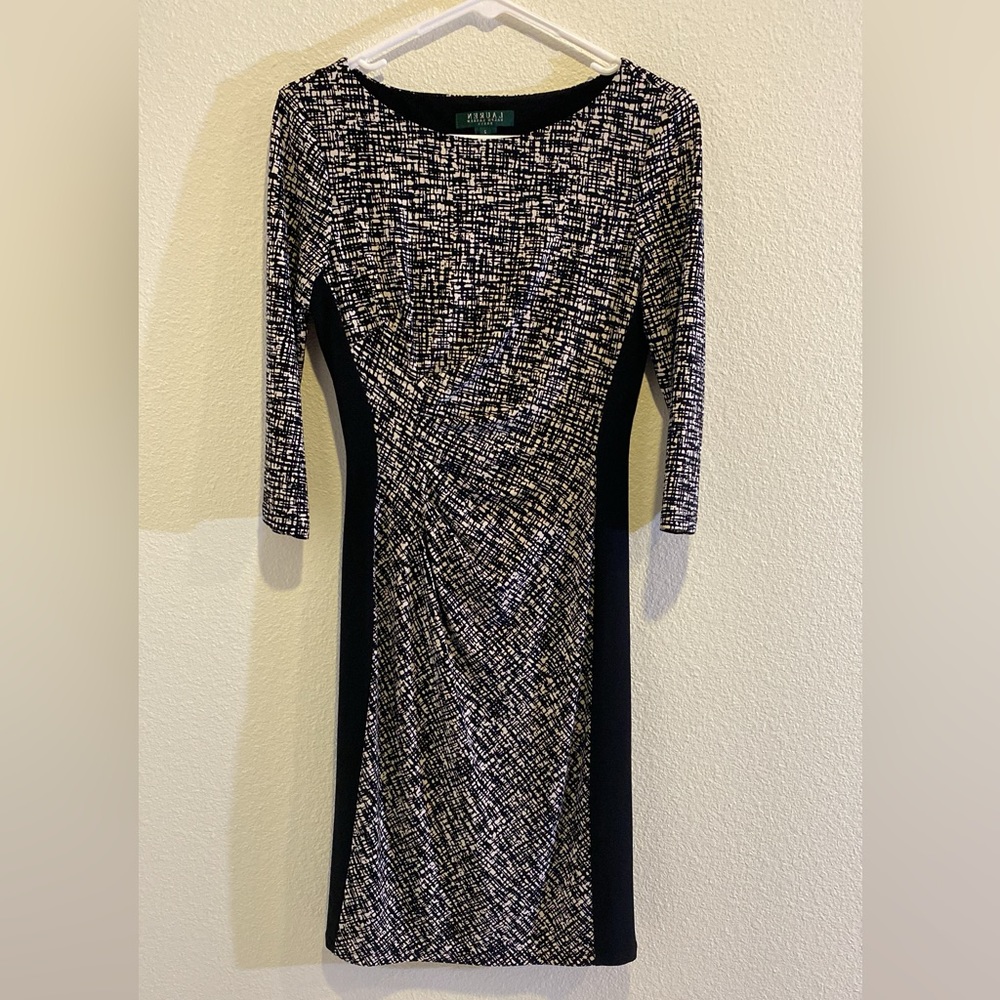 Lauren Ralph Lauren Sz 2 Neutral Geometric Elegant 3/4 Sleeve Shift Midi Dress